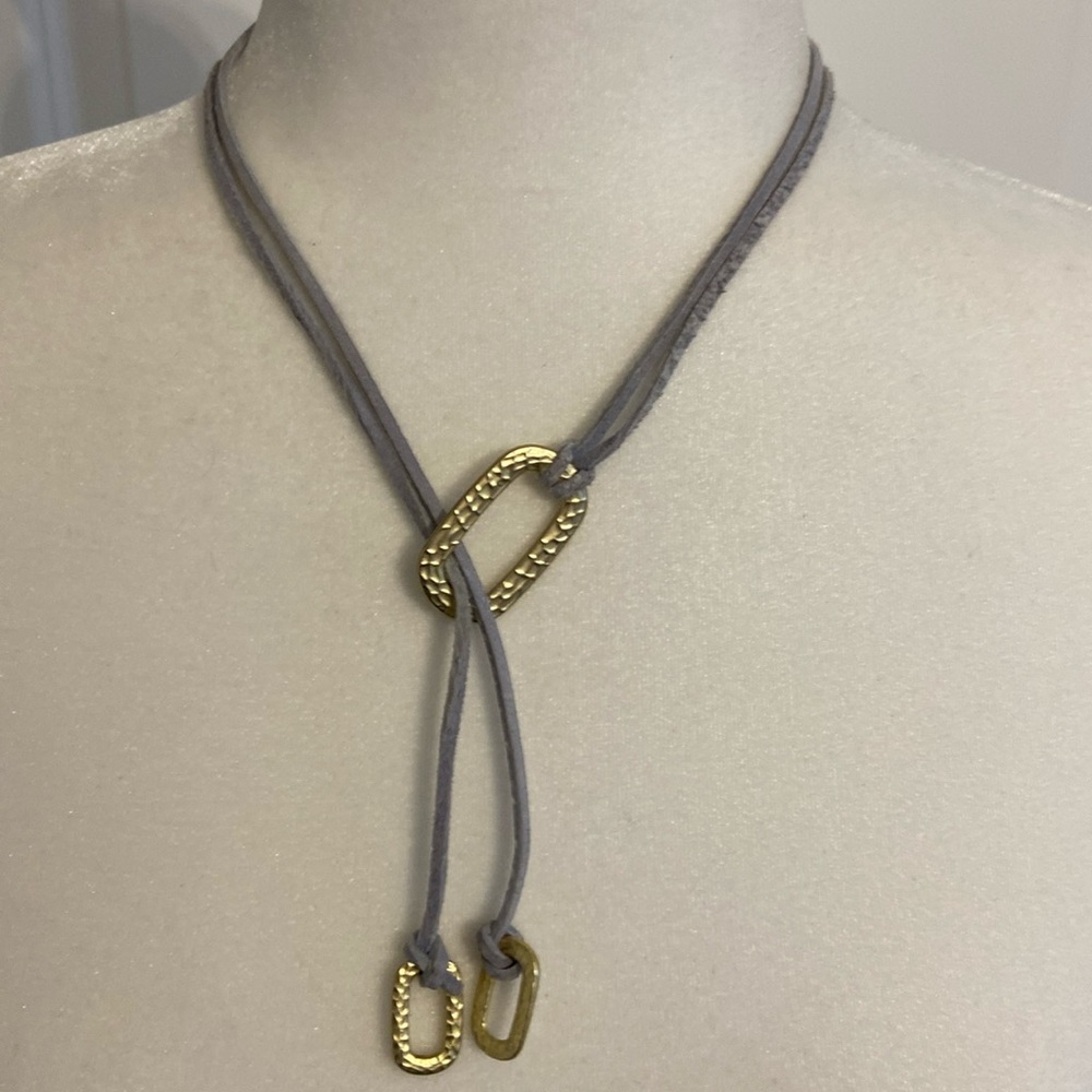 Light Blue Leather and Gold Metal Lariat Style Necklace.